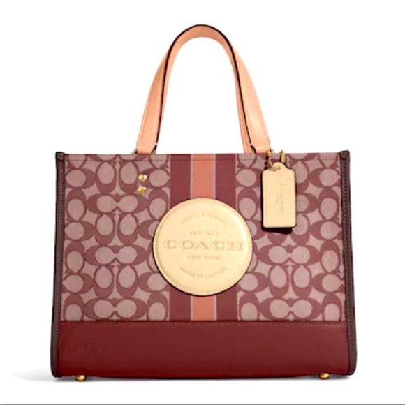 COACH DEMPSEY Tote PURSE 22 Wine Signature Jacquard w Stripe & Patch NWT $378. - Picture 2 of 7